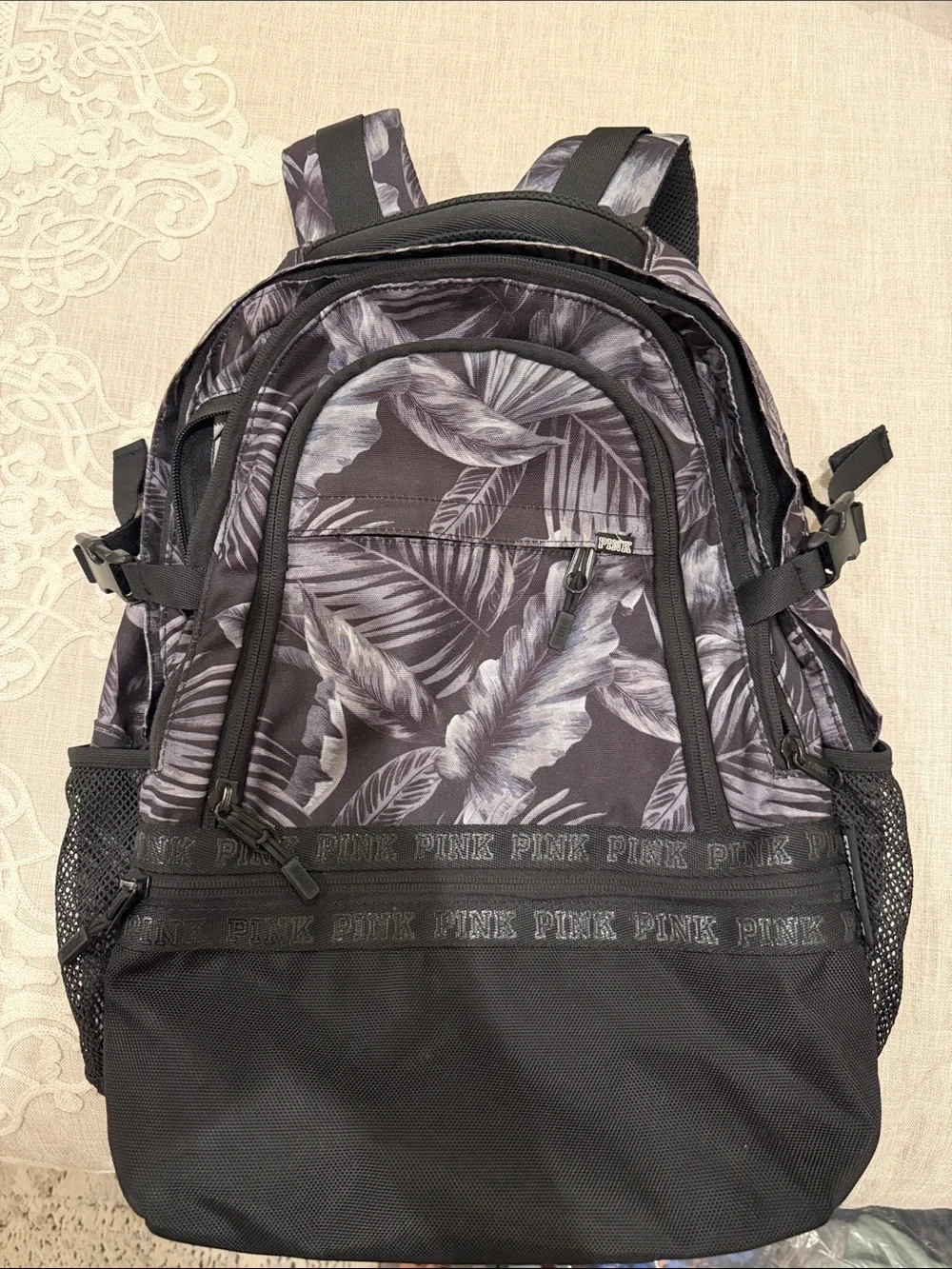 PINK Victoria's Secret Black & Gray Tropical Leaf Women’s Backpack